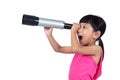 Asian Chinese little girl looking through a telescope Royalty Free Stock Photo