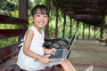 Asian Chinese little girl sitting on the bench with laptop Royalty Free Stock Photo