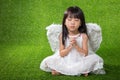 Asian Chinese little girl wearing angel wings and praying Royalty Free Stock Photo