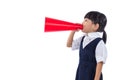 Asian Chinese little primary school girl holding retro megaphone Royalty Free Stock Photo