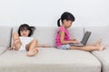 Asian Chinese little sisters fighting over a laptop