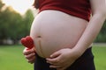Belly close-up Asian pregnant woman in garden forest lawn outdoor nature free relax happy sunshine shape of love on hands