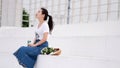 Asian Chinese university student play on the playground Royalty Free Stock Photo