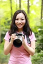 Portrait of a nature photographer cover his camera screen with face in a spring park garden forest Royalty Free Stock Photo