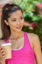 Asian Chinese Woman Girl Drinking Coffee or Tea Outside Royalty Free Stock Photo