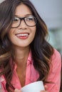 Asian Chinese Woman Girl Wearing Glasses Drinking Coffee Royalty Free Stock Photo