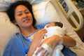 Delighted Asian Chinese woman holding her new born baby right after childbirth