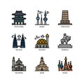 Asian cities and counties landmarks icons set Royalty Free Stock Photo