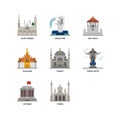 Asian cities and counties landmarks icons set