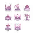 Asian cities and counties landmarks icons set