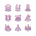 Asian cities and counties landmarks icons set