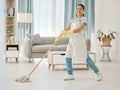 Asian cleaner woman mopping and cleaning dirt and dust in lounge or living room floor in house or home. Happy Japanese Royalty Free Stock Photo