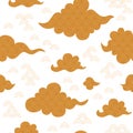 Asian clouds golden pattern. Chinese traditional clouds background, korean decorative seamless print. Japanese sky Royalty Free Stock Photo
