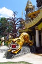 Asian colorful tiger statue at the entrance to the temple