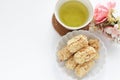 Asian confectionery, rice crackers on dish