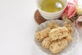 Asian confectionery, rice crackers on dish