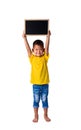 Asian Country boy with blank black chalkboard for education conceptual isolated on white background Royalty Free Stock Photo