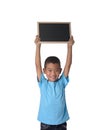 Asian Country boy with blank black chalkboard for education conceptual isolated on white background Royalty Free Stock Photo