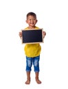 Asian Country boy with blank black chalkboard for education conceptual isolated on white background Royalty Free Stock Photo