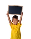 Asian Country boy with blank black chalkboard  for education conceptual isolated on white background Royalty Free Stock Photo