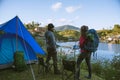 Asian couple Camp on the mountain in the upper village near the lake, Camping Travel Concept,Travel Relax concept Map