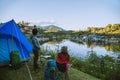 Asian couple Camp on the mountain in the upper village near the lake, Camping Travel Concept,Travel Relax concept Map