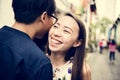 Asian couple dating outdoor smiling Royalty Free Stock Photo