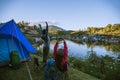 Asian couple Camp on the mountain in the upper village near the lake, Camping Travel Concept,Travel Relax concept Map