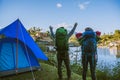 Asian couple Mountain camps in rural villages, close to the lake, travel ideas, camping, relaxing holidays.in Thailand Royalty Free Stock Photo