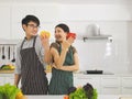 Asian couple preparing food in modern kitchen holding yellow and red capsicum smiling happily and looking each other Royalty Free Stock Photo