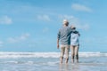 Asian couple senior elder dancing retirement resting relax at sunset beach honeymoon