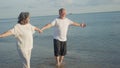 Asian couple senior elder retire resting relax holding hand walking at sunset beach Royalty Free Stock Photo