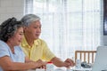 Asian couple seniors use laptop video conference with doctor about illness and prescription pill in living room at home.Healthy li Royalty Free Stock Photo