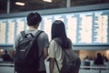 Asian couple tourist looking at flight schedules for checking take off time. Generative AI