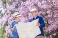 Asian couple tourist holding city map while walking in the park at cherry blossom tree during spring sakura flower festival Royalty Free Stock Photo