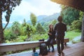 Asian couple travel photograph nature education. nature relax and study read a book. at public park. In Thailand Royalty Free Stock Photo