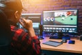 Asian creative man and editor video work Vlogger editing video create content for upload on social media or internet online