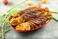 Asian cuisine ,grilled fish with exotic spices