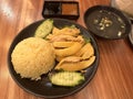 Asian cuisine Hainanese chicken rice with soup, salad and sauce.