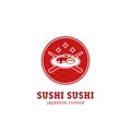 Asian cuisine japan sushi logo on plate with cross chopstick and asian red round pattern background