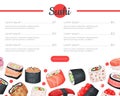 Asian cuisine restaurant menu web banner. Sushi bar, cafe, delivery service landing page vector illustration