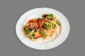 Asian cuisine, Wok noodle dish isolated on gray background, Chinese stir fried noodles with meat and vegetables Royalty Free Stock Photo