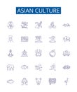 Asian culture line icons signs set. Design collection of Asian, Culture, Japan, China, India, Rice, Cuisine, Temple