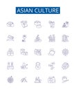 Asian culture line icons signs set. Design collection of Asian, Culture, Japan, China, India, Rice, Cuisine, Temple