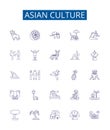 Asian culture line icons signs set. Design collection of Asian, Culture, Japan, China, India, Rice, Cuisine, Temple