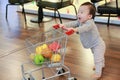 Asian cute baby pushing shopping trolley toy