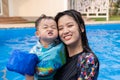 Asian cute boy and mother happiness in swimming pool