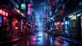 Asian cyberpunk city in rain at night, dark street in neon lights Royalty Free Stock Photo