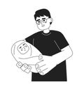Asian dad holding newborn baby monochromatic flat vector characters