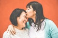 Asian daughter kissing mum on mother day - Happy family people enjoying time togehter - Love, motherhood lifestyle, tender moments